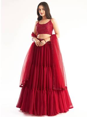 Lovely Red Georgette Engagement Wear Lehenga With Sequins Choli 1