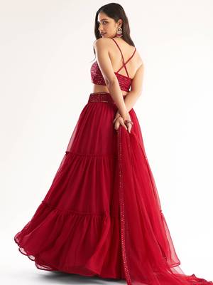 Lovely Red Georgette Engagement Wear Lehenga With Sequins Choli 2