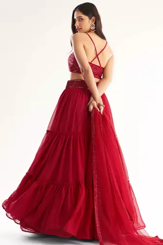 Lovely Red Georgette Engagement Wear Lehenga With Sequins Choli