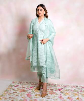 Sea green woven chanderi kurta set 1