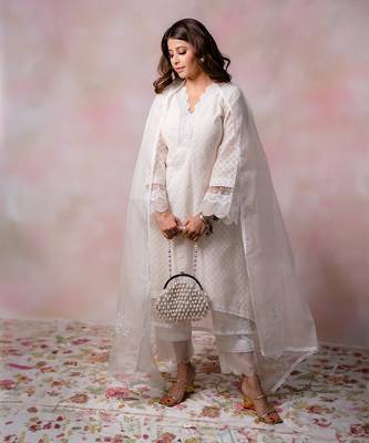 Off white woven chanderi kurta set 1