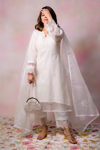 Off white woven chanderi kurta set