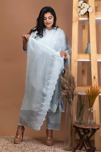 Baby blue chanderi kurta set