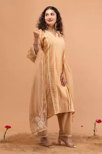 Beige malai chanderi kurta set