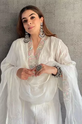 Off-White Chanderi Hand  Embroidered A-Line Plus Size Kurti Set