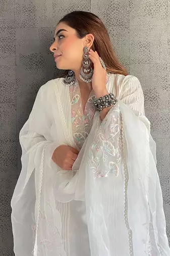 Off-White Chanderi Hand  Embroidered A-Line Plus Size Kurti Set