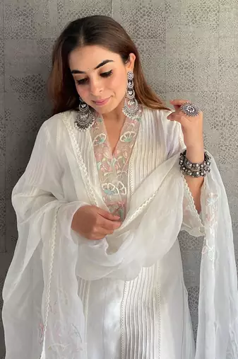 Off-White Chanderi Hand  Embroidered A-Line Plus Size Kurti Set