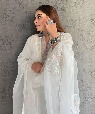 Off-White Chanderi Hand  Embroidered A-Line Plus Size Kurti Set 5