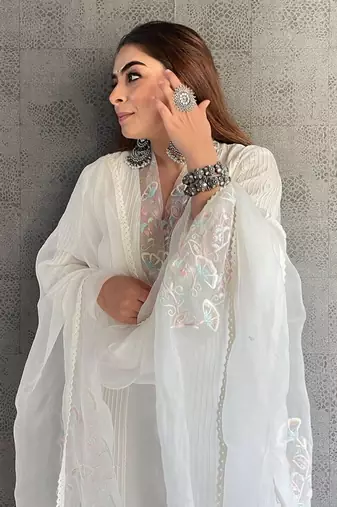 Off-White Chanderi Hand  Embroidered A-Line Plus Size Kurti Set