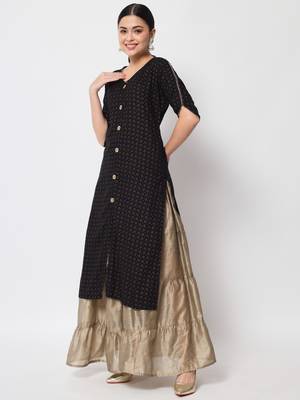 ftDiva Women Printed Frontslit Straight Kurta in Black 2