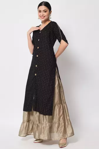 ftDiva Women Printed Frontslit Straight Kurta in Black