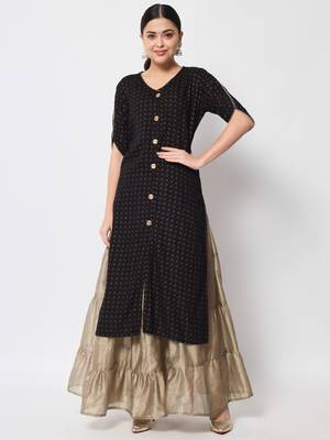 ftDiva Women Printed Frontslit Straight Kurta in Black 4