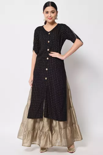 ftDiva Women Printed Frontslit Straight Kurta in Black