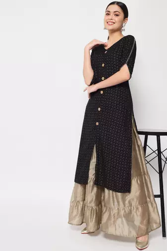 ftDiva Women Printed Frontslit Straight Kurta in Black
