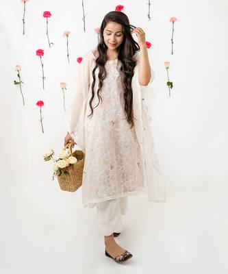 Off white malai chanderi kaftan set 1