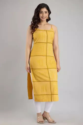 Women Chevron Print Straight Kurta in Yellow
