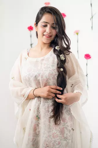 Off white malai chanderi kaftan set