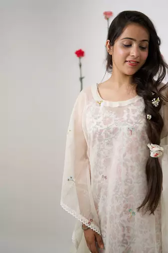 Off white malai chanderi kaftan set