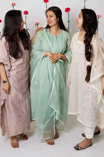 Off white malai chanderi kaftan set