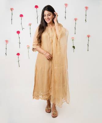 Peach pink chanderi kurta set 1
