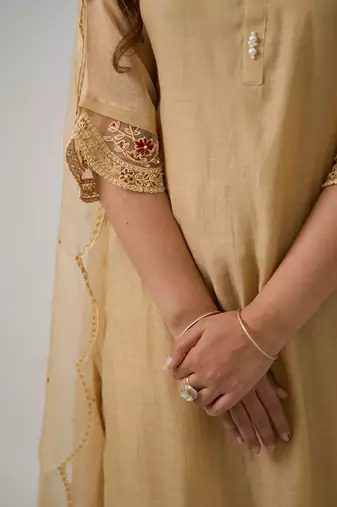 Peach pink chanderi kurta set