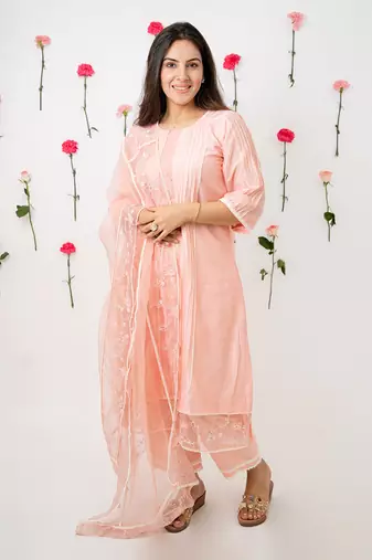 Golden beige malai chanderi kurta set