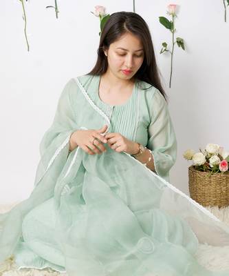 Sea green malai chanderi kurta set 1