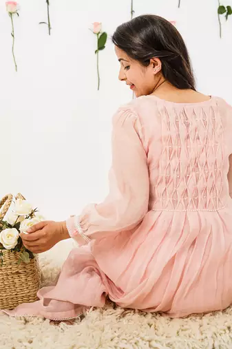 Baby pink malai chanderi kurta set