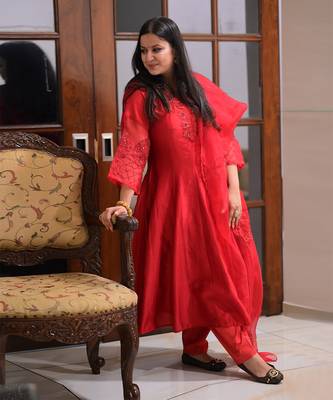 Blood red chanderi anarkali set 1