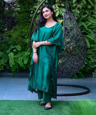Bottle green chanderi kaftan set 1