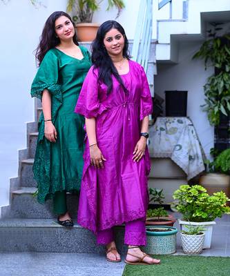 Bottle green chanderi kaftan set 2
