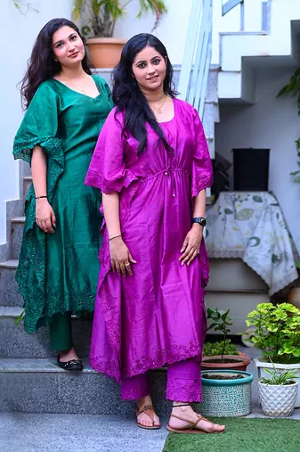Bottle green chanderi kaftan set