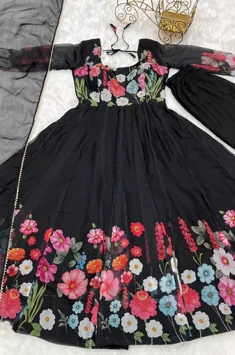Floral Printed Organza Anarkali Kurta With Cotton Silk Pant And Dupatta. 