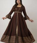 ftDiva Women Floral Frontslit Flared Kurta in Brown