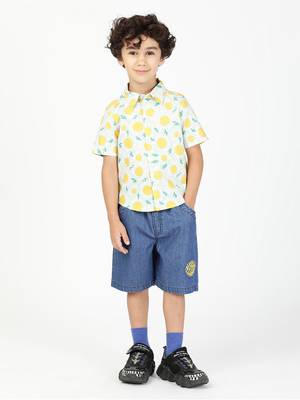 Budding bees boys sunflower printed shirt and denim short set - yellow 1