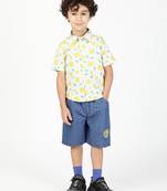 Budding bees boys sunflower printed shirt and denim short set - yellow