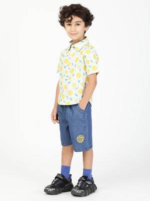Budding bees boys sunflower printed shirt and denim short set - yellow 2