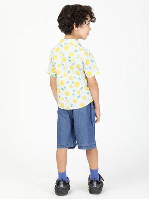 Budding bees boys sunflower printed shirt and denim short set - yellow 3