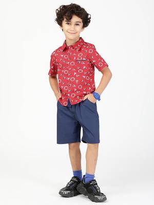 Budding bees boys poplin printed shirt and shorts combo-red 1