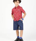 Budding bees boys poplin printed shirt and shorts combo-red
