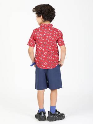 Budding bees boys poplin printed shirt and shorts combo-red 2