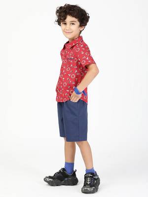 Budding bees boys poplin printed shirt and shorts combo-red 3