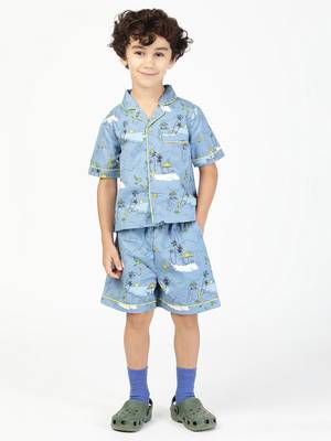 Budding bees boys cotton printed night suit-blue 1