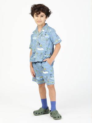 Budding bees boys cotton printed night suit-blue 2
