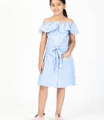 Budding bees girls striped cotton off shoulder dress-blue
