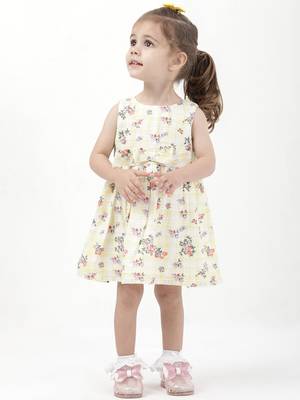 Budding bees blooming petals girls colorful floral printed dress -yellow 1