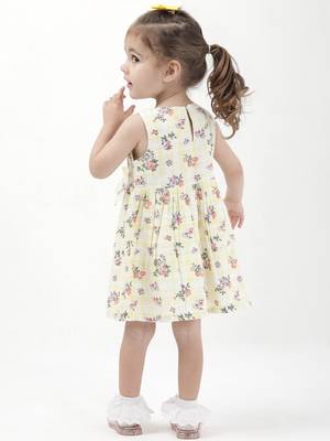 Budding bees blooming petals girls colorful floral printed dress -yellow 2
