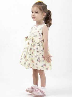 Budding bees blooming petals girls colorful floral printed dress -yellow 3