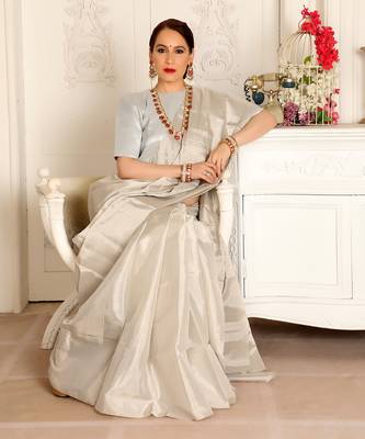 Silver handwoven zari tissue handwoven saree set 4