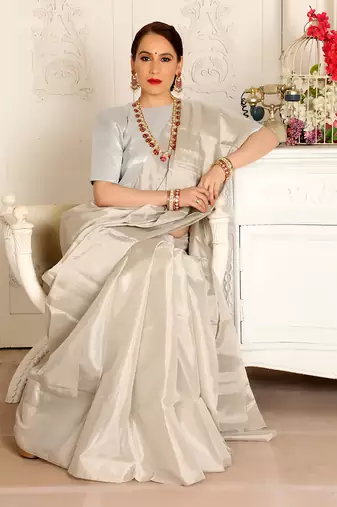 Silver handwoven zari tissue handwoven saree set
